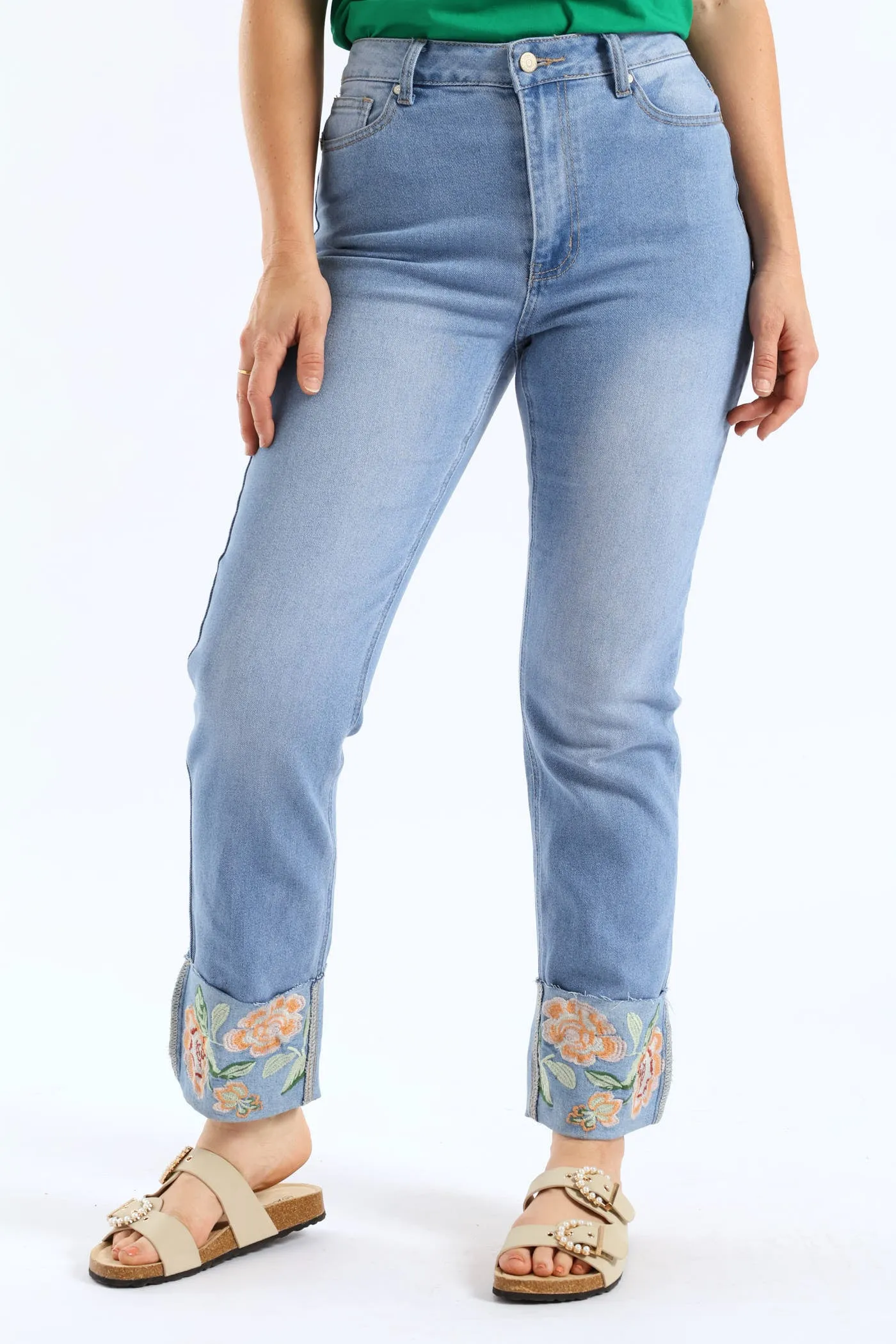 Embroidered Turn Up Hem Straight Leg Jean - Light Wash sold by Edgars product image thumbnail 2