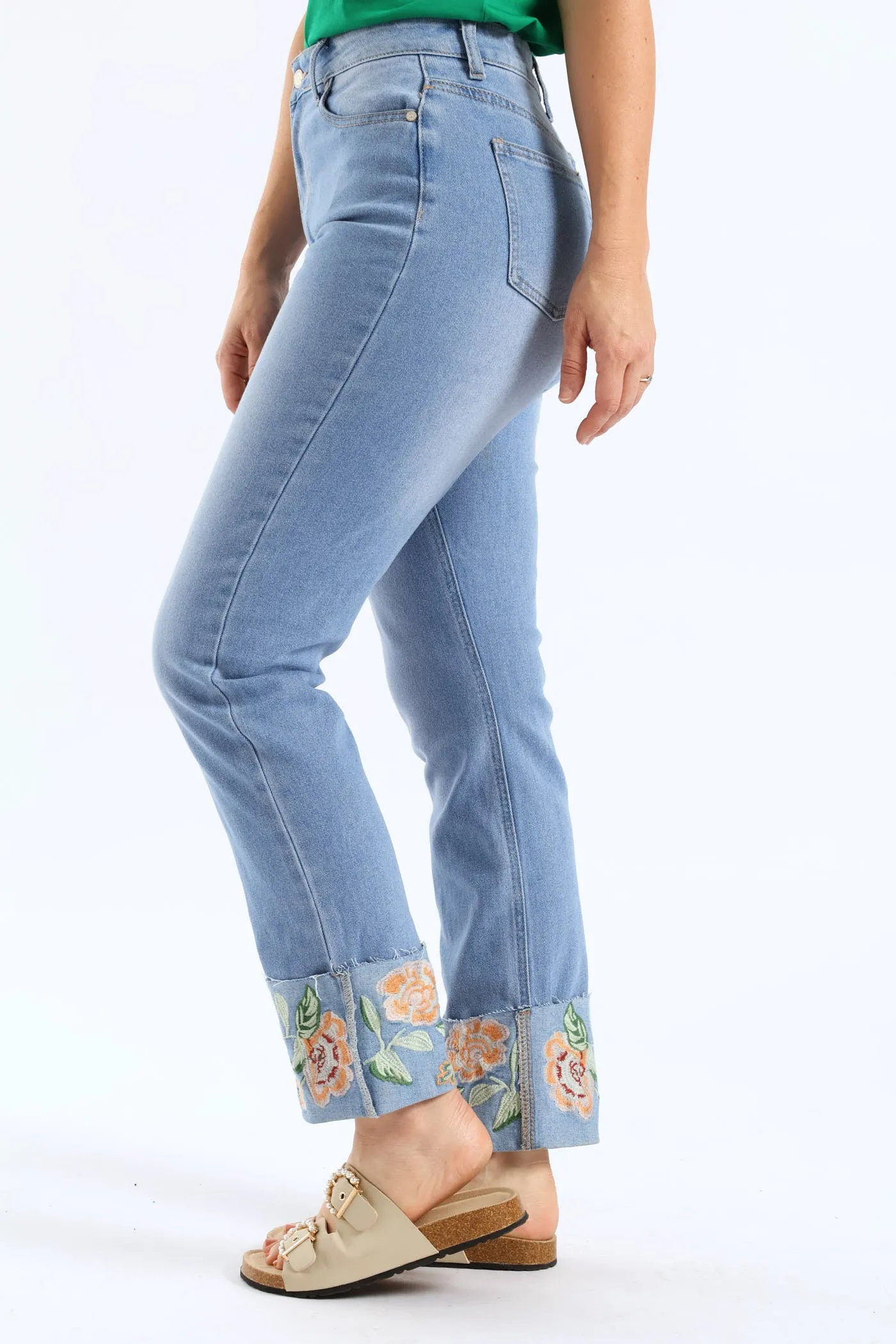 Embroidered Turn Up Hem Straight Leg Jean - Light Wash sold by Edgars product image thumbnail 3