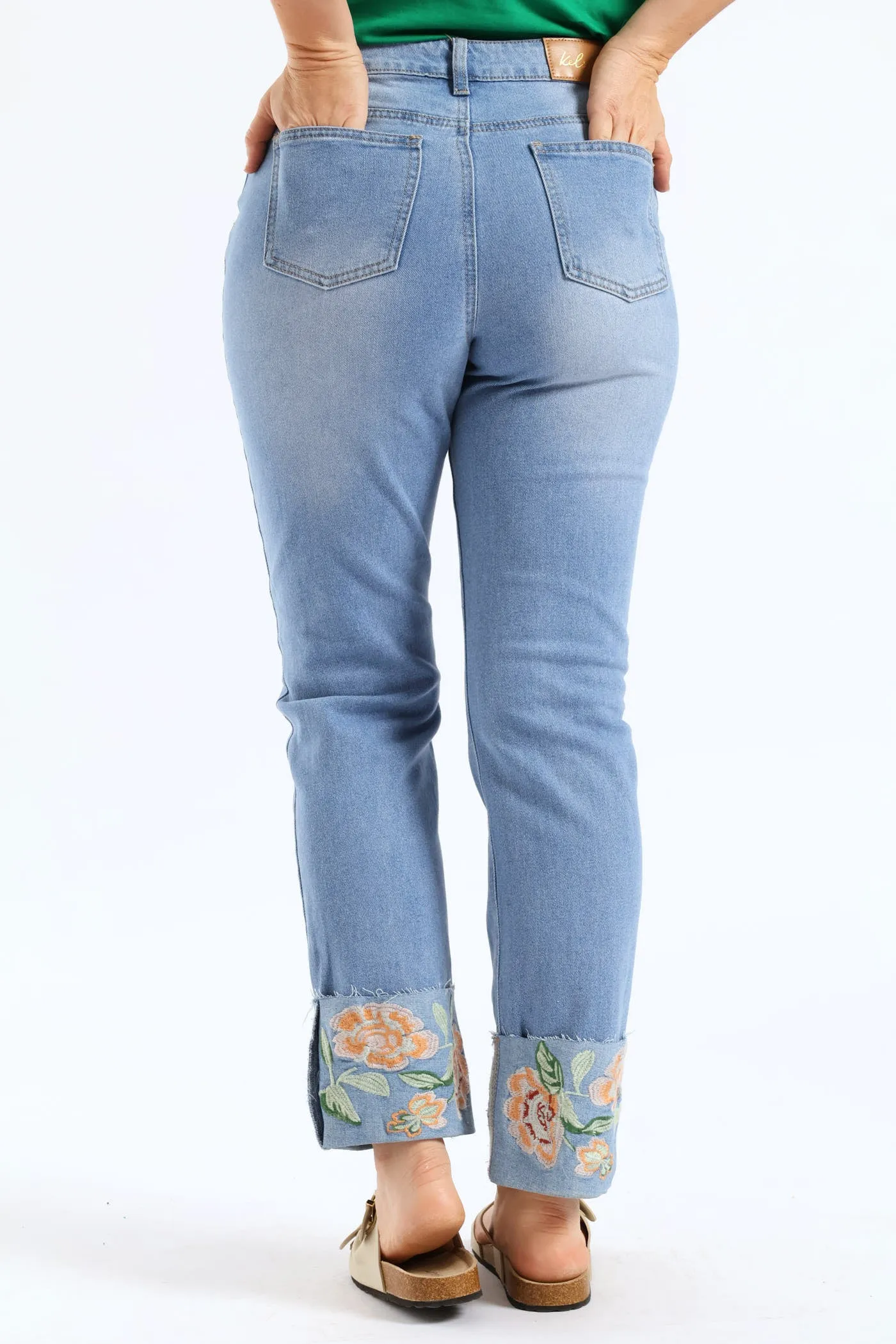 Embroidered Turn Up Hem Straight Leg Jean - Light Wash sold by Edgars product image thumbnail 4