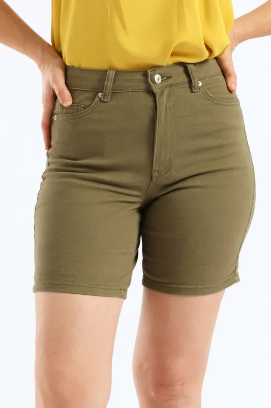 Classic Roll Hem Mid Thigh Supersoft Denim Short - Fatigue sold by Edgars
