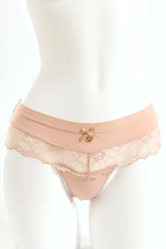 Microfibre & Lace Inset Thong Panty - Nude sold by Edgars
