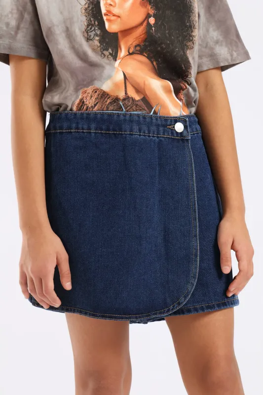 Girls Denim Wrap Skort - Dark Blue sold by Edgars