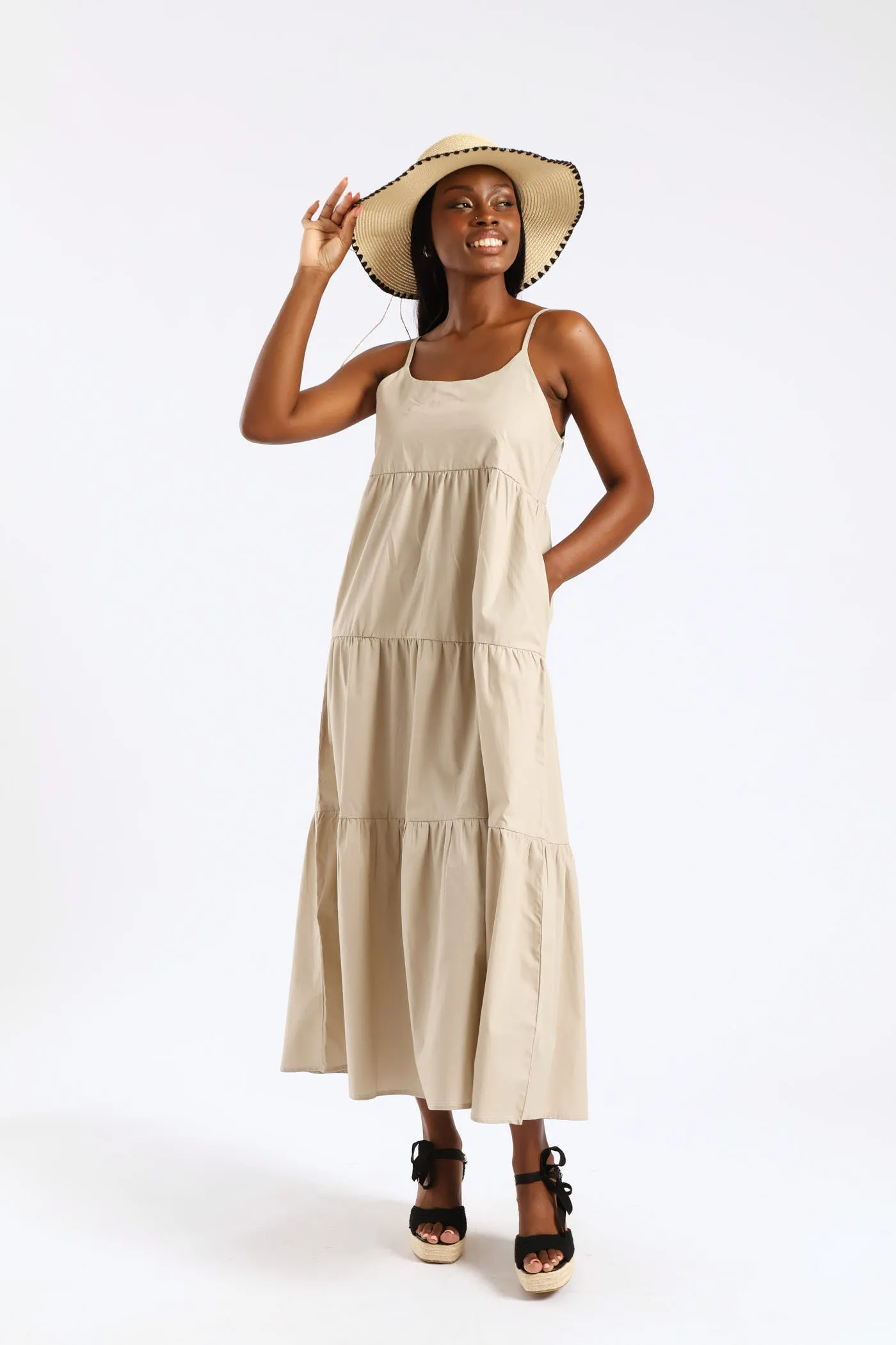 Strappy Tiered Poplin Maxi Dress - Taupe sold by Edgars