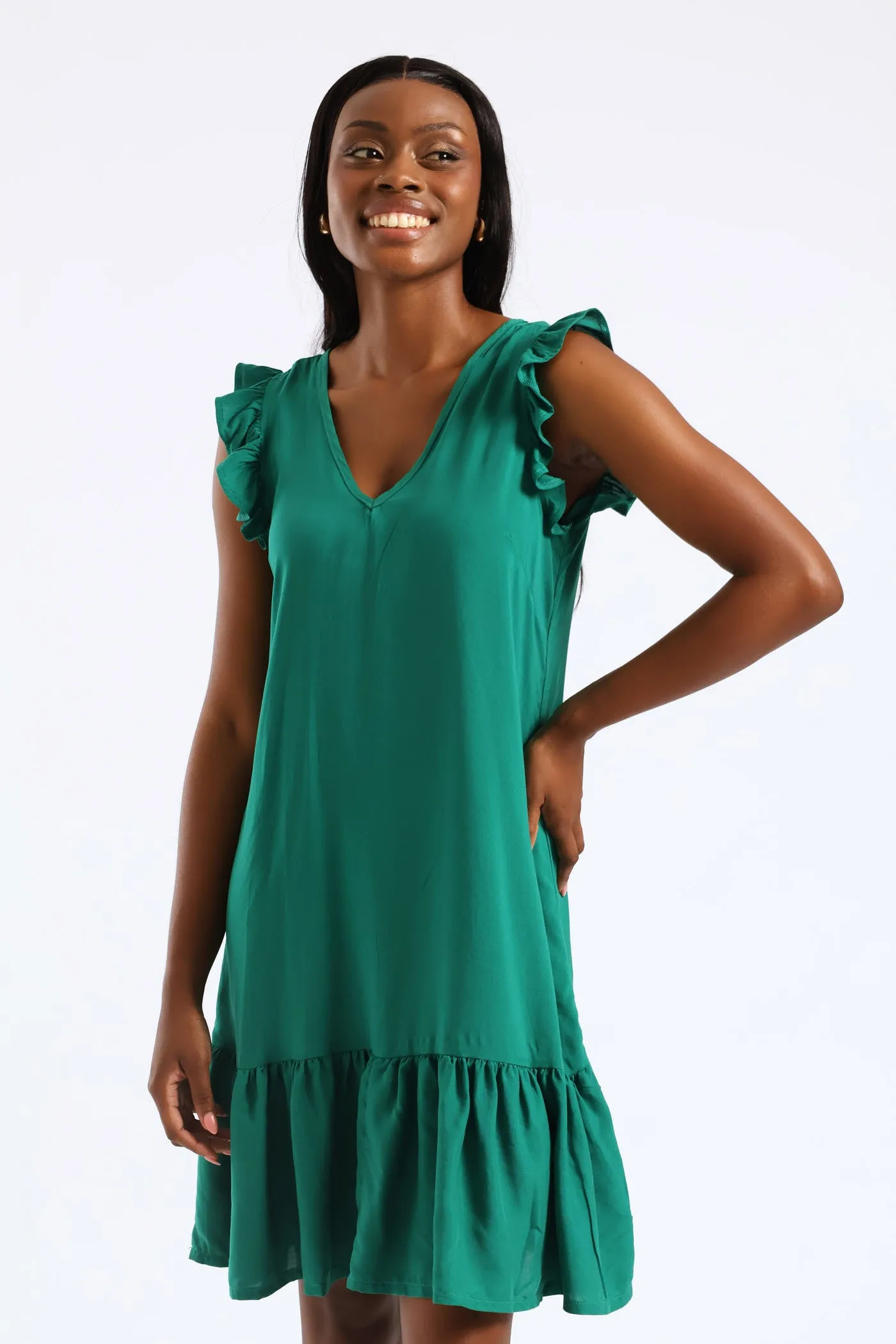 V-Neck Frill Sleeve Tie Detail Drop Hem Mini Dress - Meadow Green sold by Edgars product image thumbnail 3