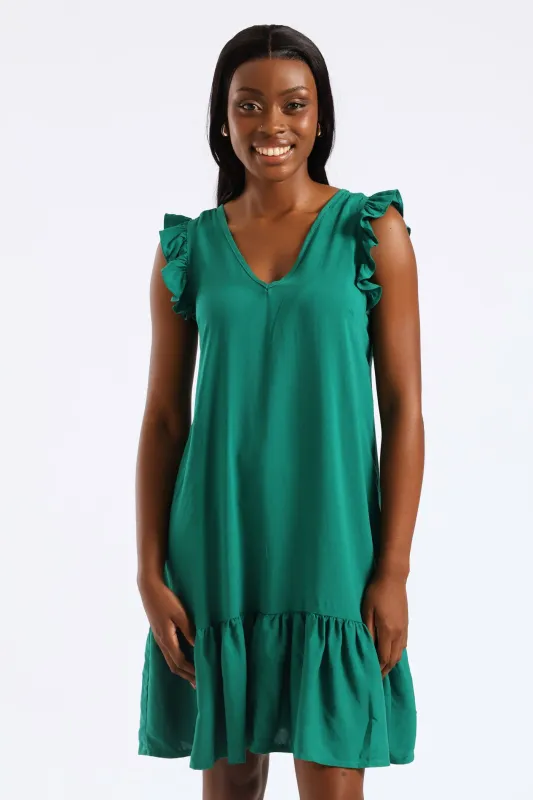 V-Neck Frill Sleeve Tie Detail Drop Hem Mini Dress - Meadow Green sold by Edgars