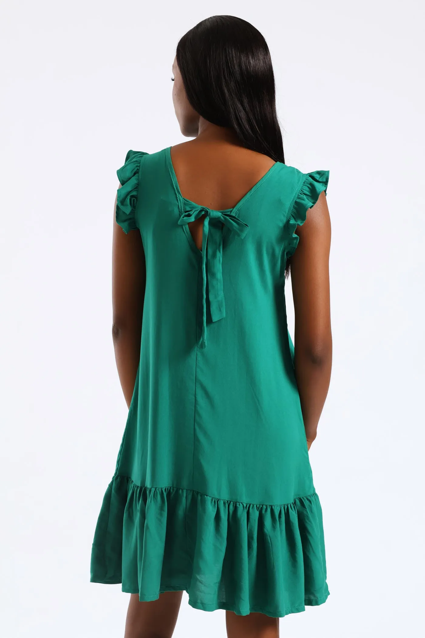 V-Neck Frill Sleeve Tie Detail Drop Hem Mini Dress - Meadow Green sold by Edgars product image thumbnail 5