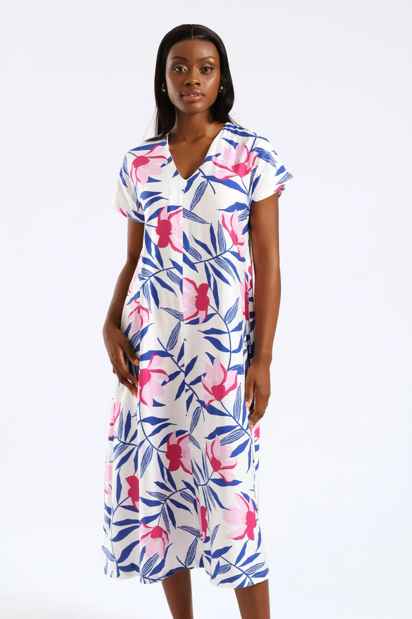 V-Neck Flared Kaftan Midi Dress - White/Blue sold by Edgars