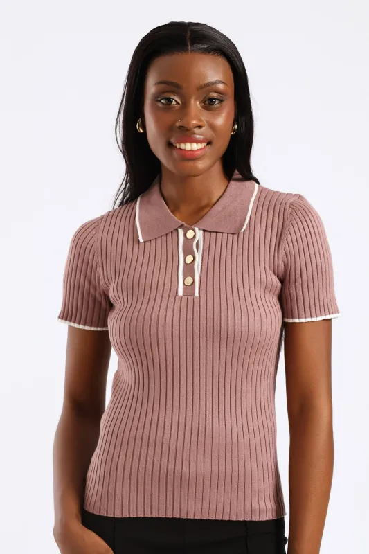 Ribbed Knitwear Golfer - Mauve sold by Edgars