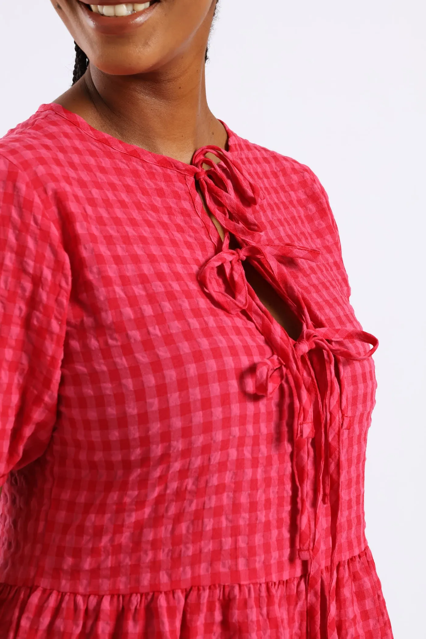 Puff Sleeve Tie Detail Tiered Gingham Midaxi Dress - Bright Pink sold by Edgars product image thumbnail 3