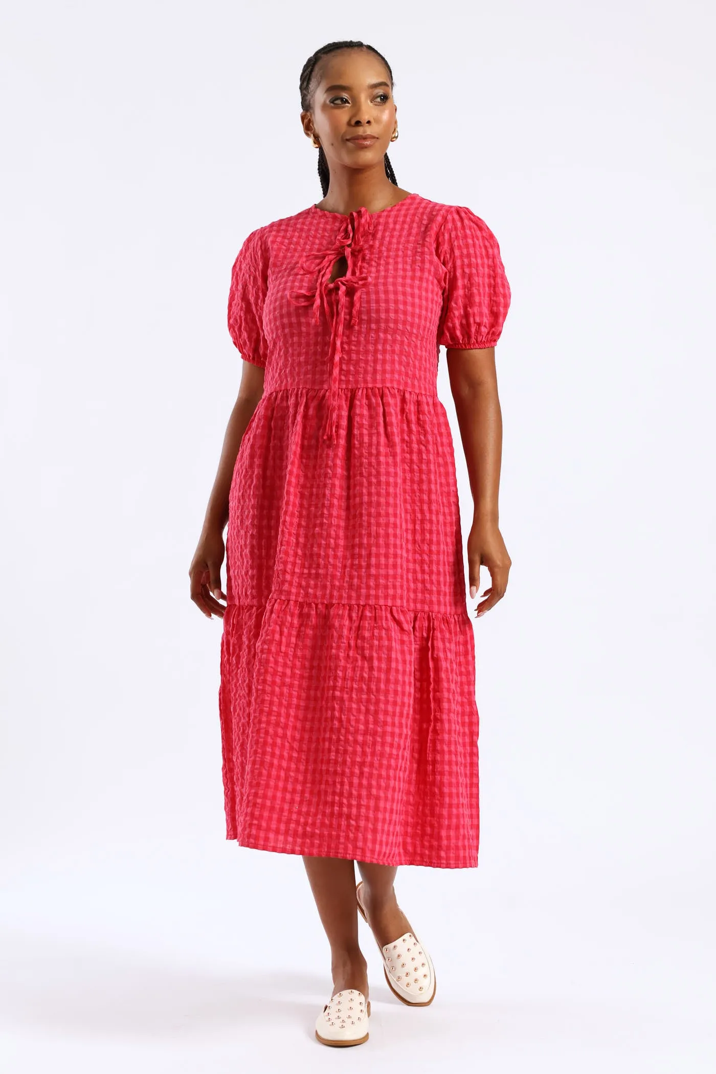 Puff Sleeve Tie Detail Tiered Gingham Midaxi Dress - Bright Pink sold by Edgars