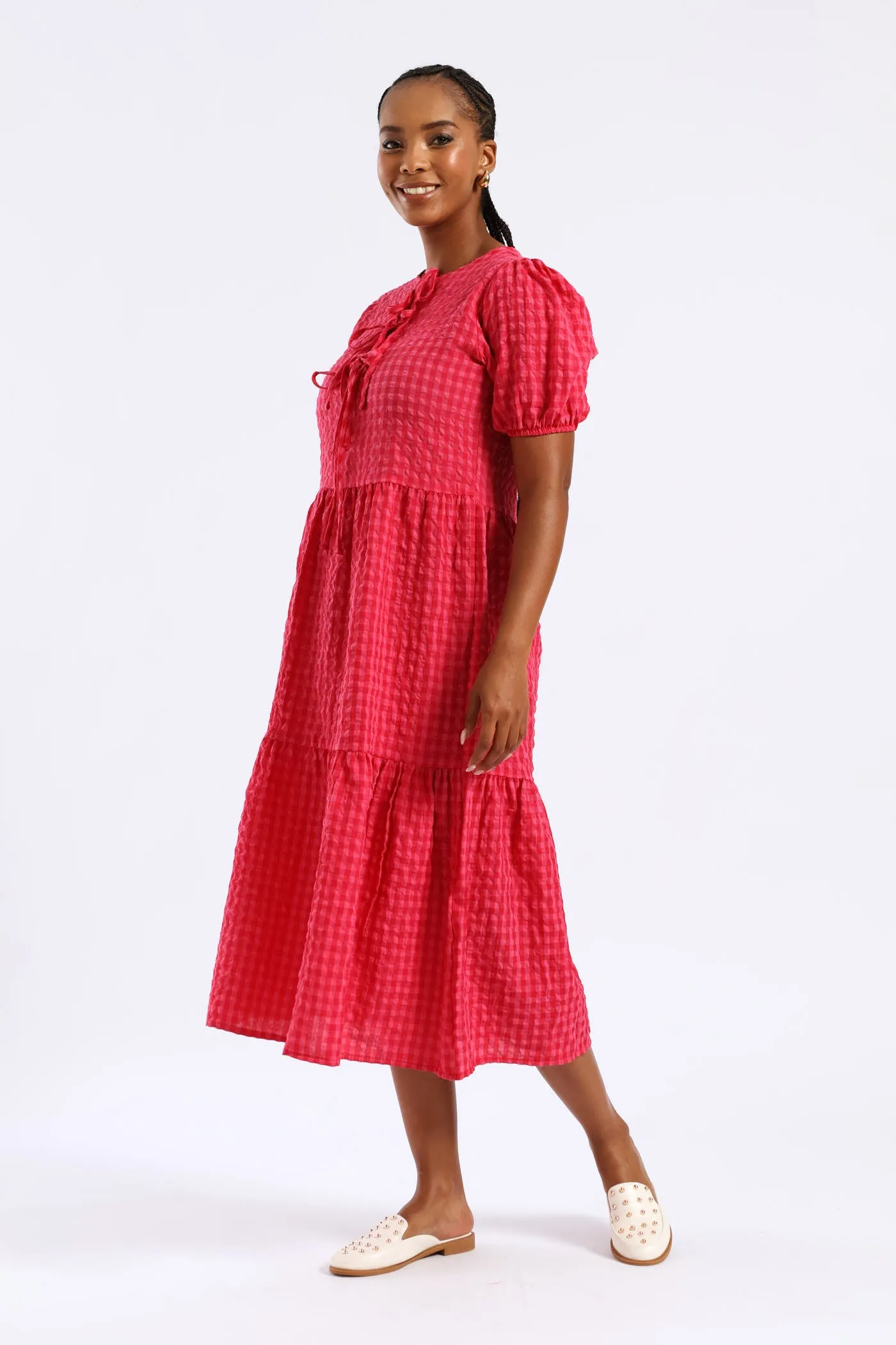Puff Sleeve Tie Detail Tiered Gingham Midaxi Dress - Bright Pink sold by Edgars product image thumbnail 4