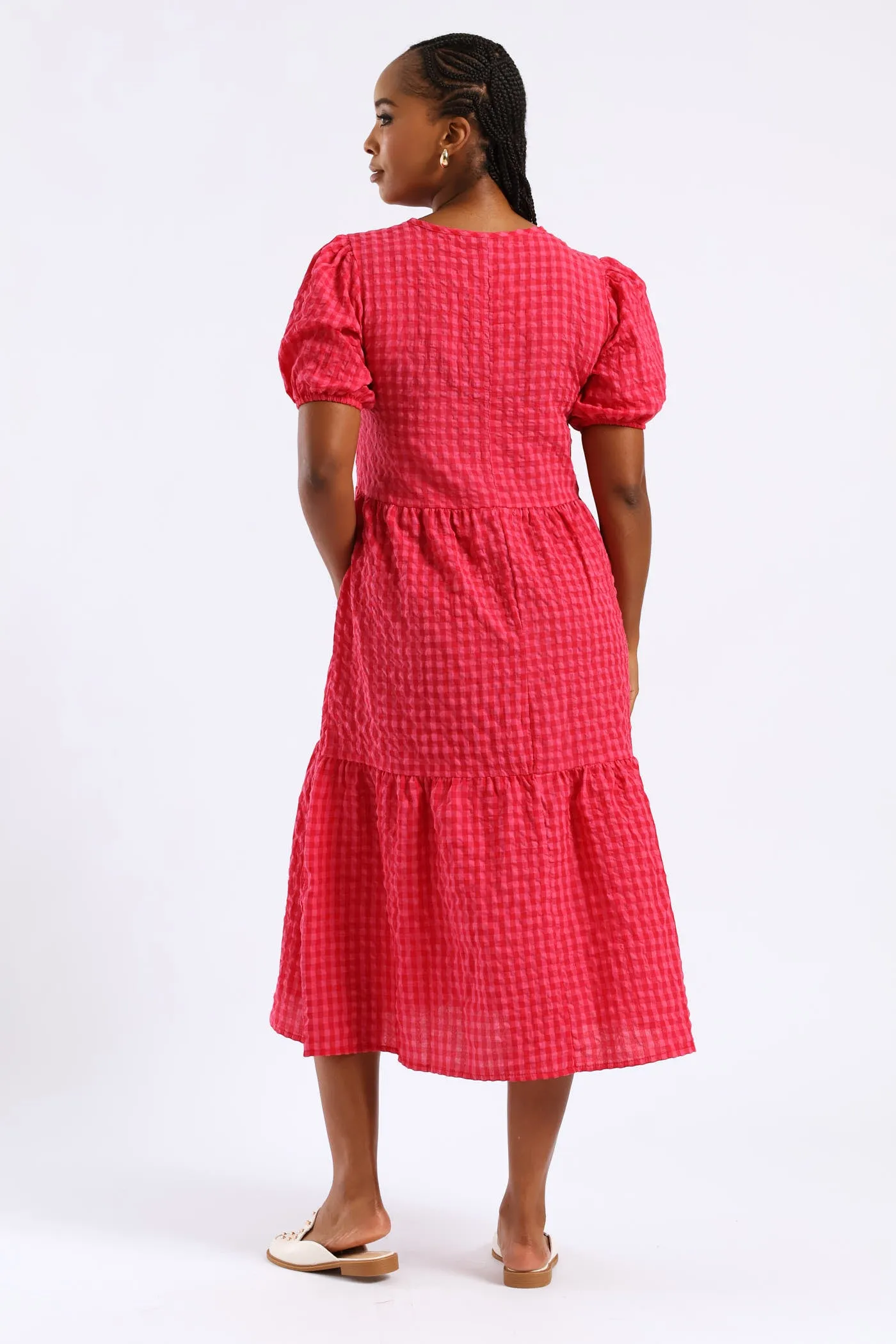 Puff Sleeve Tie Detail Tiered Gingham Midaxi Dress - Bright Pink sold by Edgars product image thumbnail 5