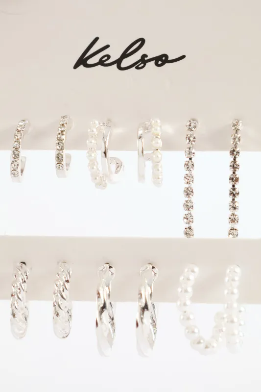 6 Pack Small Pearl Bead Hoops & Drop Earrings - Silver sold by Edgars