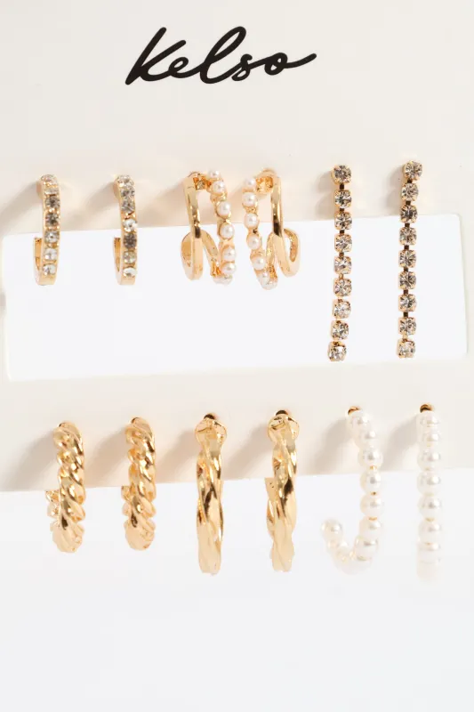 6 Pack Small Pearl Bead Hoops & Drop Earrings - Gold sold by Edgars