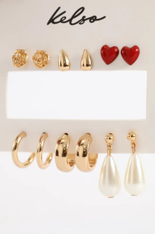6 Pack Heart Stud Pearl Bead Drop Earrings - Gold sold by Edgars