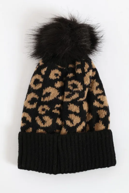 Leopard Turn Up Pom Pom Beanie - Black sold by Edgars