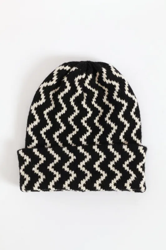 Chevron Turn Up Knitted Beanie - Black/White sold by Edgars