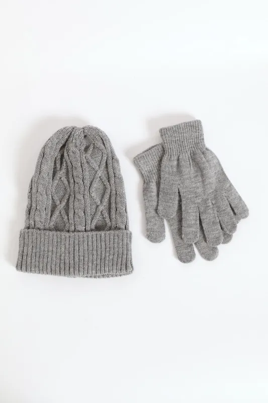 Cable Knit Turn Up Beanie Glove Set - Light Grey sold by Edgars