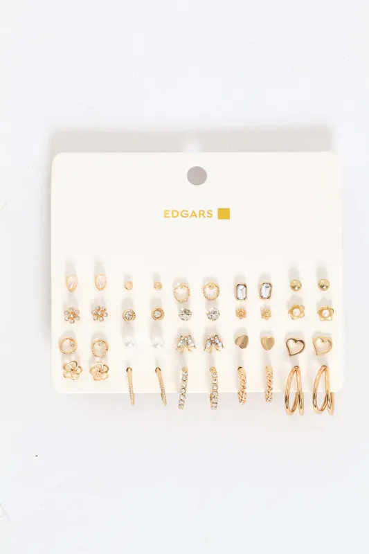 20 Pack Diamante Stud & Hoop Earrings - Gold sold by Edgars