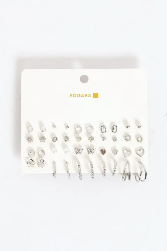 20 Pack Diamante Stud & Hoop Earrings - Silver sold by Edgars