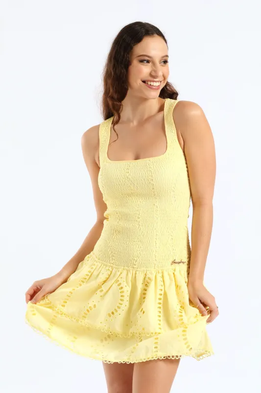 Lime Light Scoop Neck Shirring Mini Dress - Yellow sold by Edgars