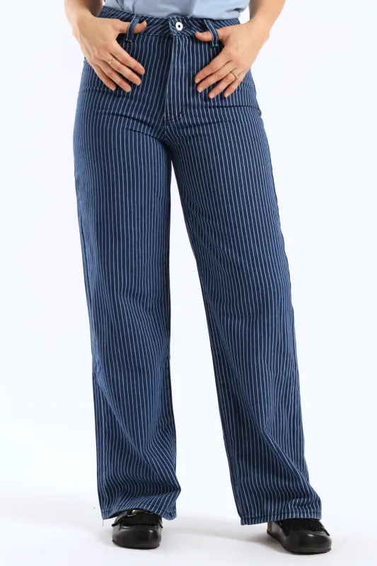 Hi Rise Pinstripe Wide Leg Denim - Raw Wash sold by Edgars