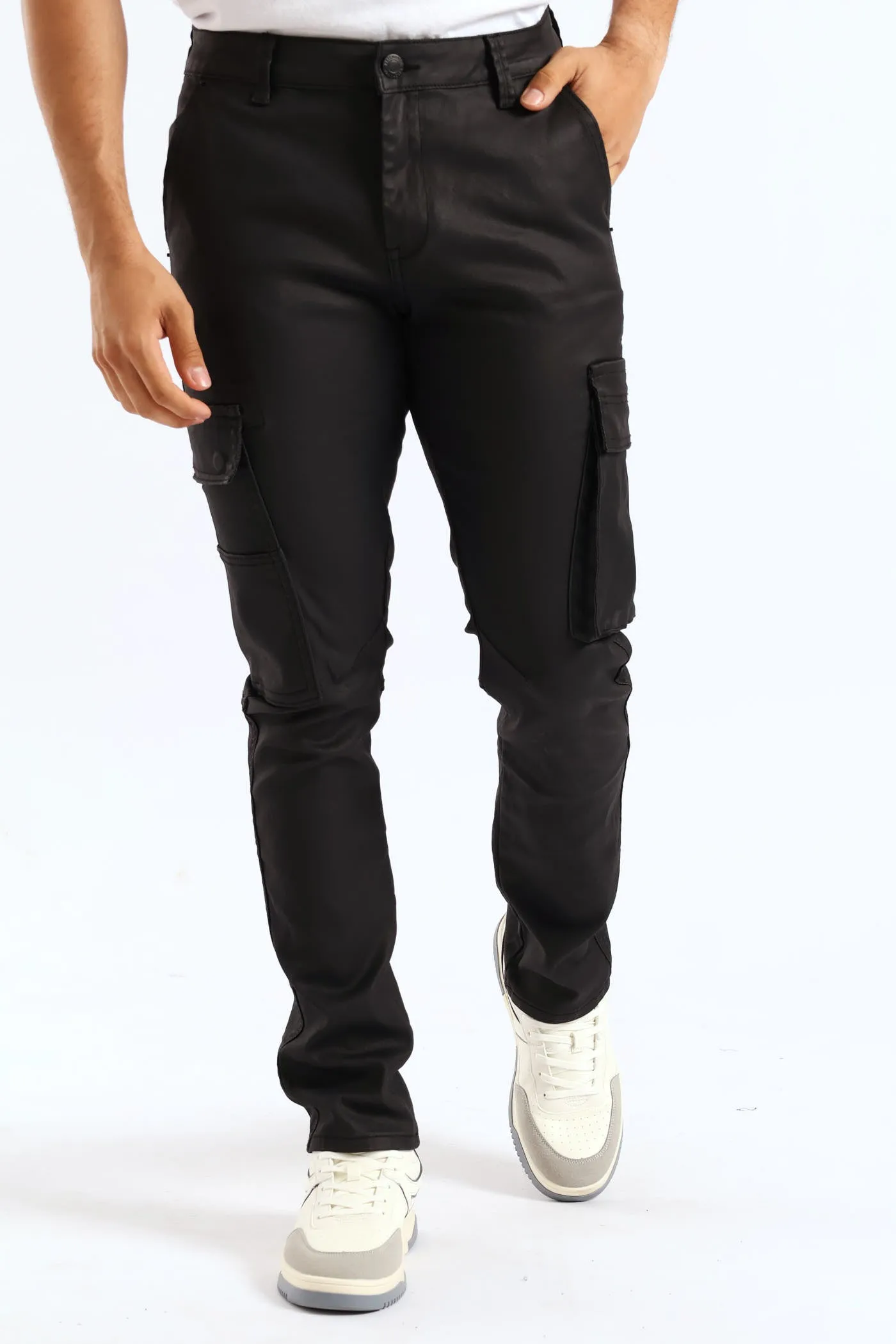 Skinny Cargo Wax Denim - Black sold by Edgars