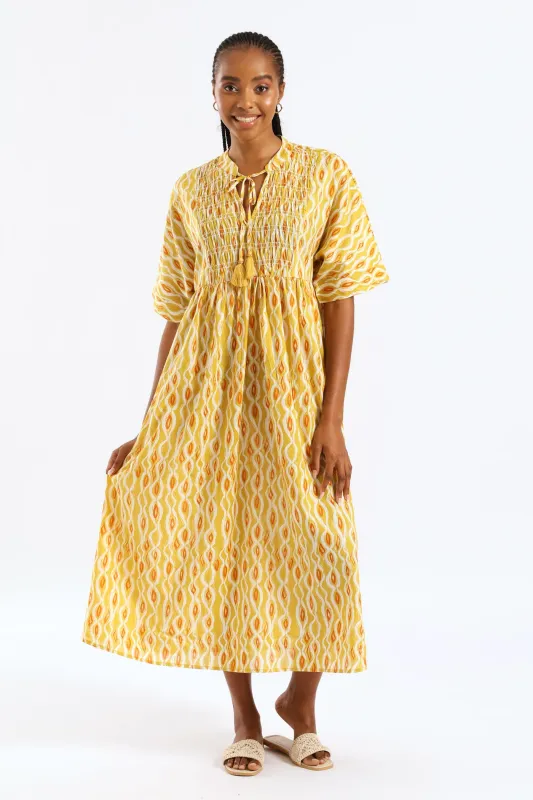 Mandarin Collar Shirred Bib Midi Dress - Ochre sold by Edgars