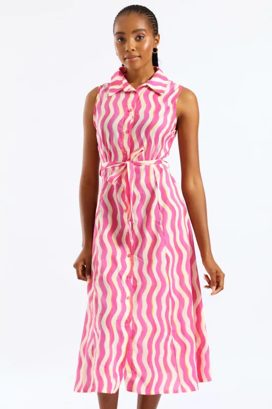 Fit & Flare Belted Midi Shirt Dress - White/Pink sold by Edgars