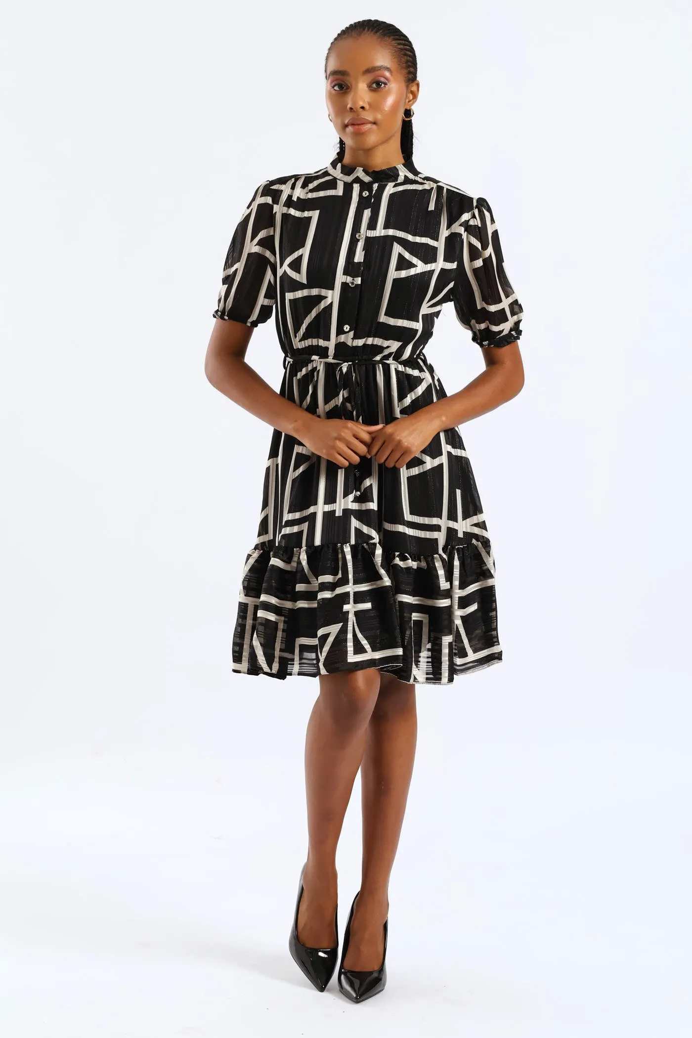 Mandarin Collar Monochrome Tea Dress - Black/White sold by Edgars