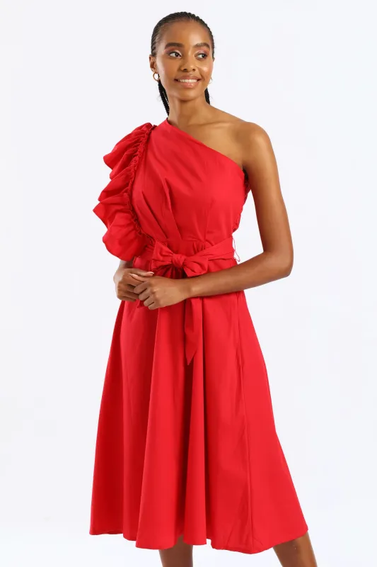 Frill One Shoulder Fit & Flare Self Belted Midi Dress - Rose Red sold by Edgars