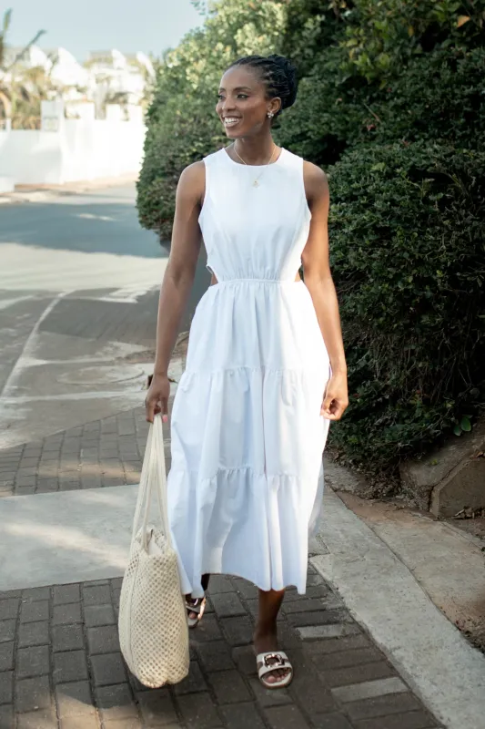 Waist Cut Out Tiered Poplin Midi Dress - White sold by Edgars