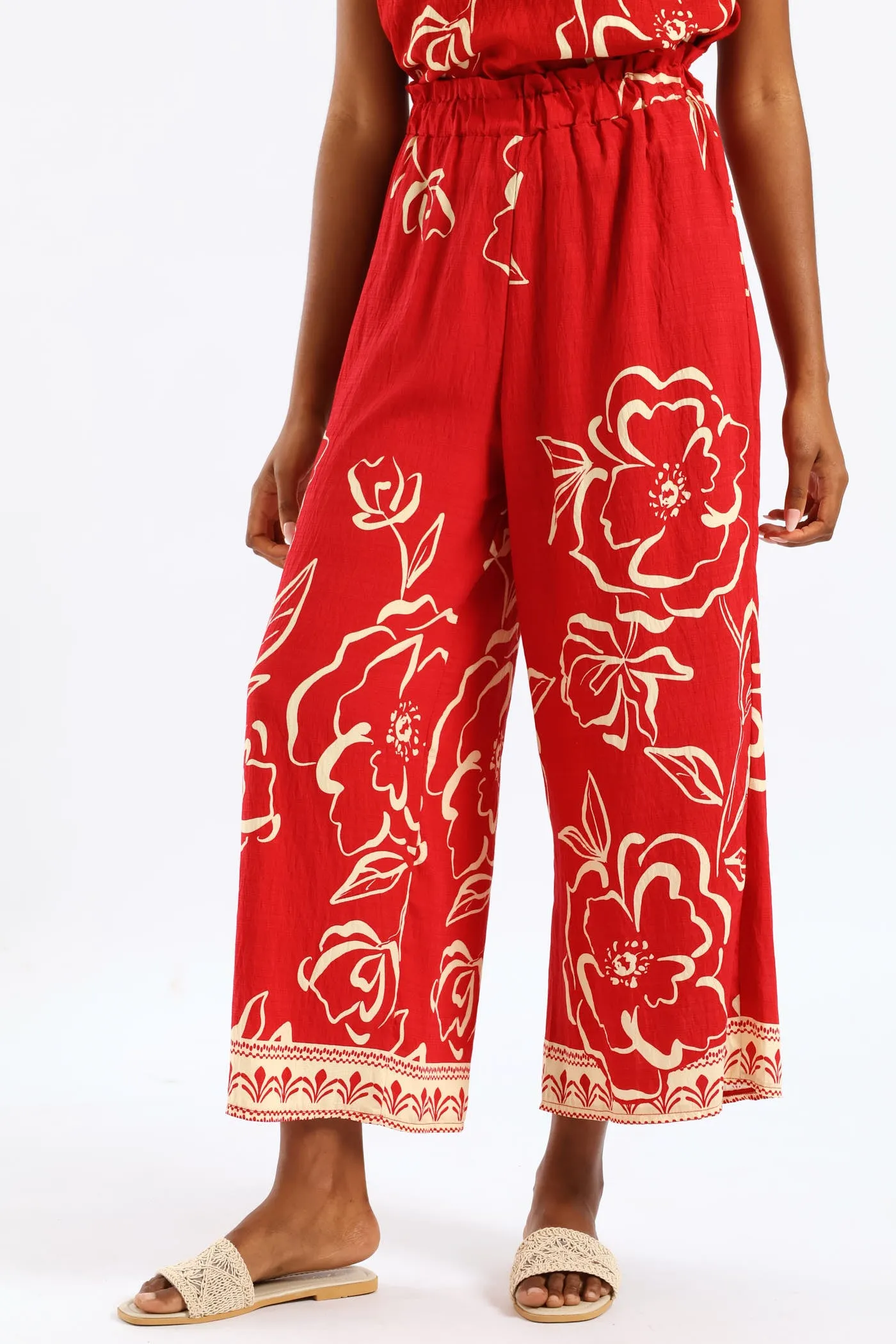 Pull-On Tropical Print Wideleg Culotte Pant - White/Red sold by Edgars