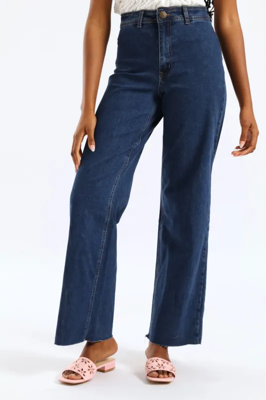 Hi-Rise Wide Raw Hem Wide Leg Jean - Dark Wash sold by Edgars