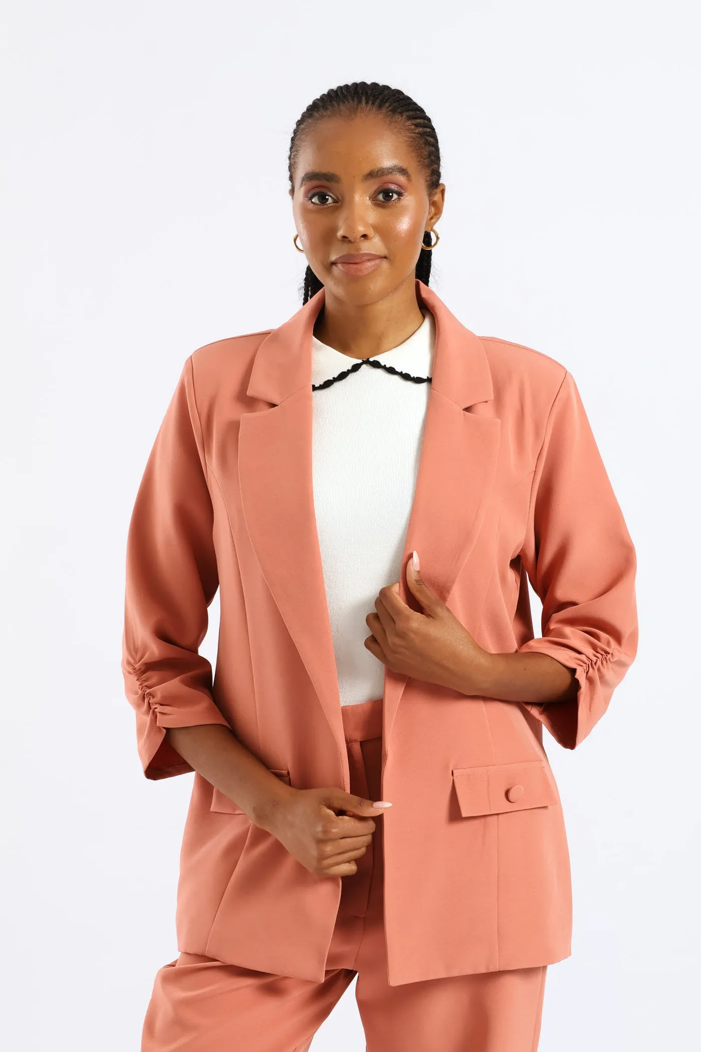 Ruched Sleeve Pocket Button Blazer - Dusty Pink sold by Edgars