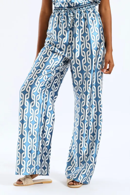 Pull-On Toggle Paperbag Wideleg Satin Pant - White/Blue sold by Edgars