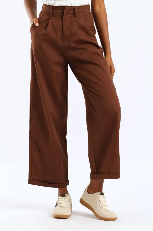 Super Hi-Waist Pleated Turnup Barrel Anklegrazer Pant - Dark Brown sold by Edgars