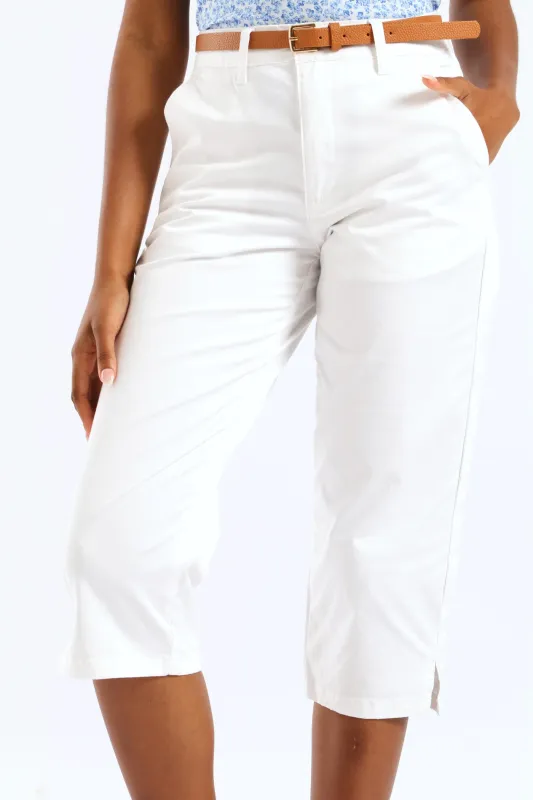 Belted Sateen Chino Capri Short - White sold by Edgars