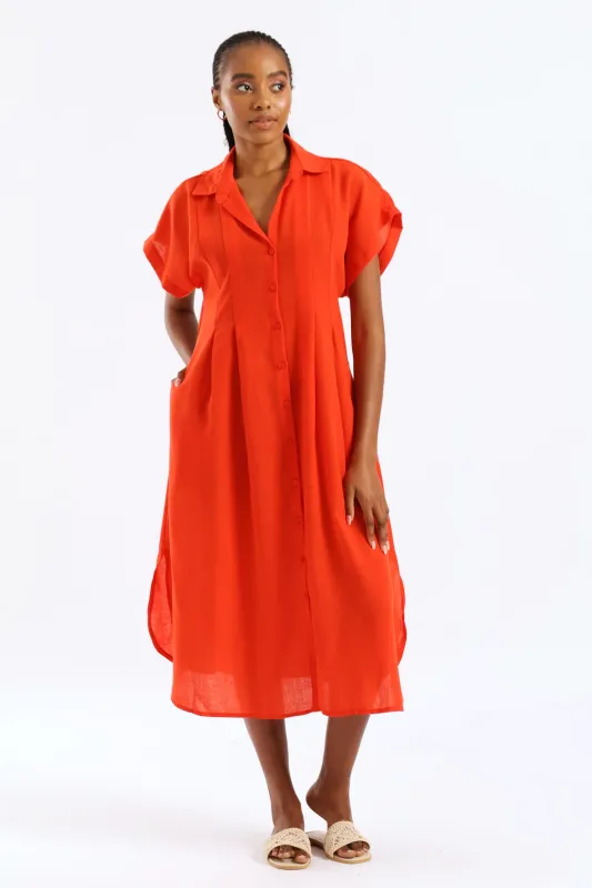 Pleated Bodice Kaftan Midi Shirt Dress - Vermilion sold by Edgars