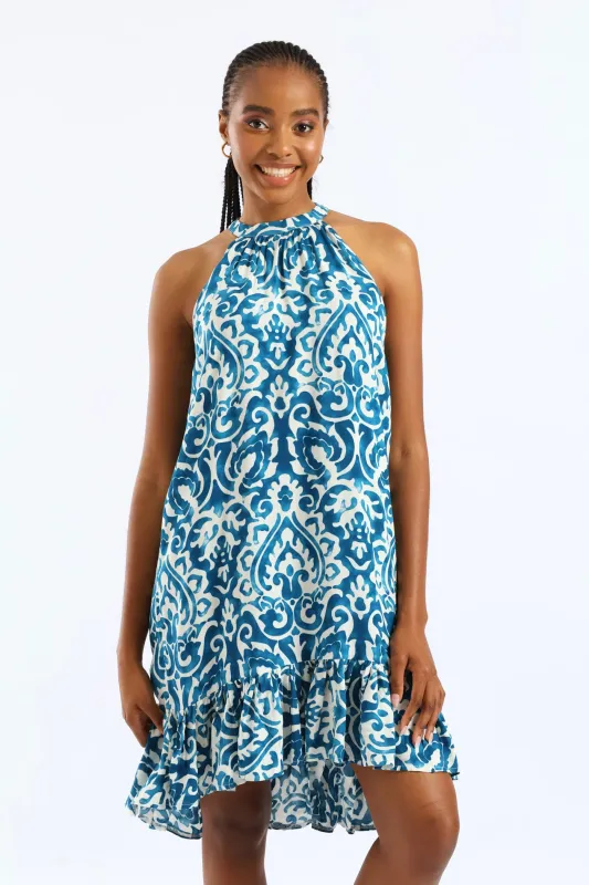Halter Neck Frill Hem Hi-Lo Printed Mini Dress - White/Blue sold by Edgars