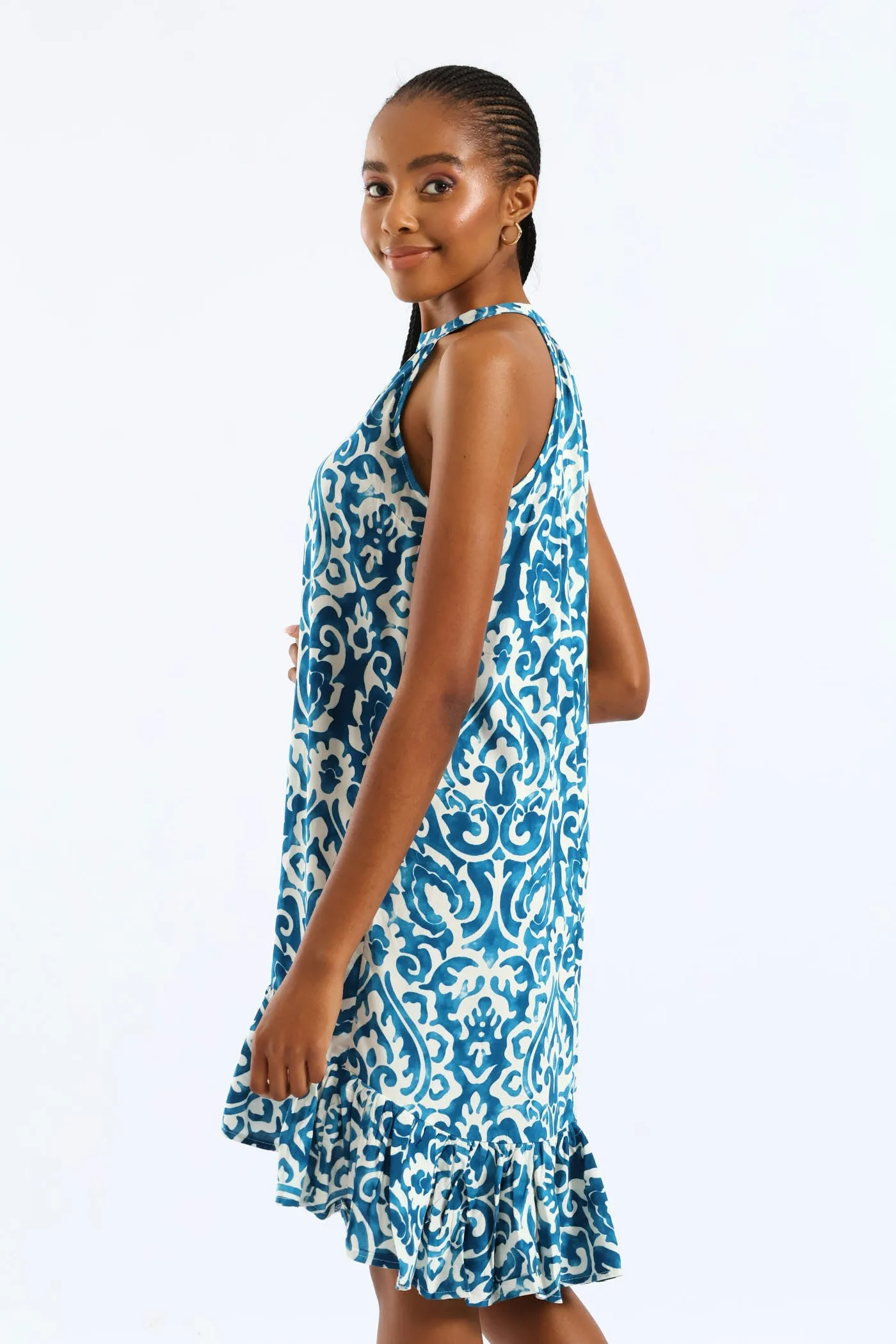 Halter Neck Frill Hem Hi-Lo Printed Mini Dress - White/Blue sold by Edgars product image thumbnail 2