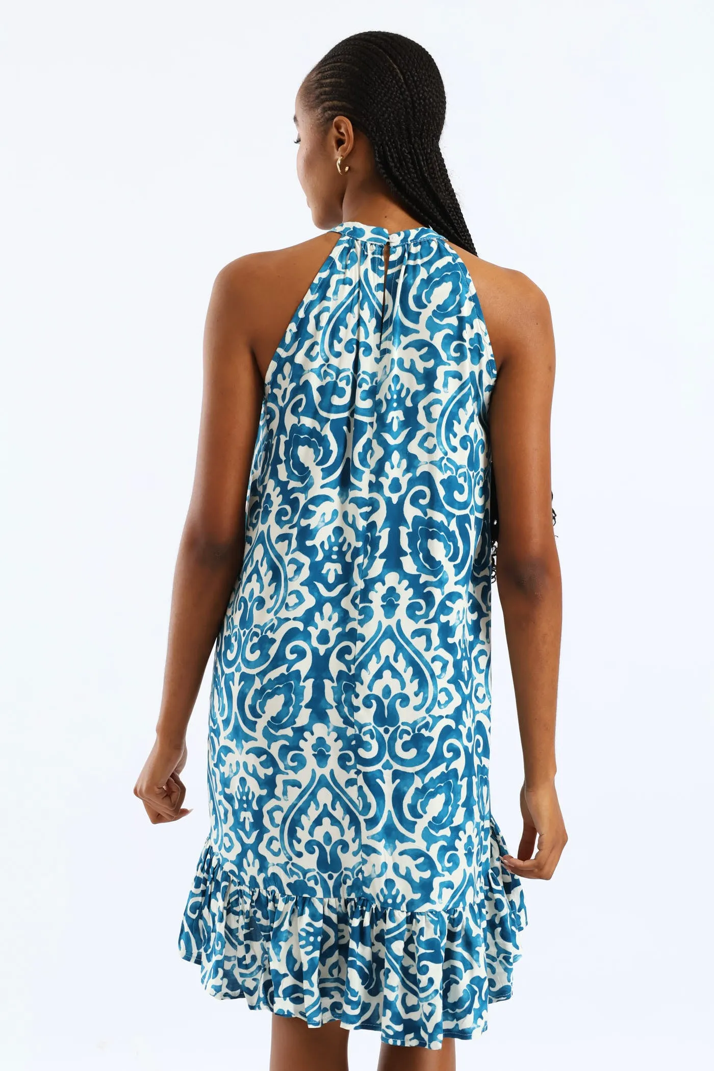 Halter Neck Frill Hem Hi-Lo Printed Mini Dress - White/Blue sold by Edgars product image thumbnail 3