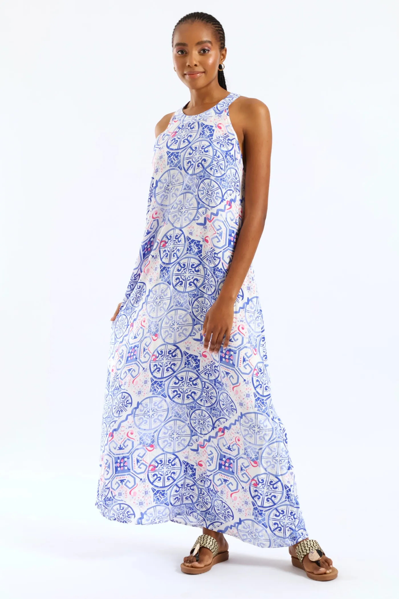 Halter Neck Maxi Dress - White/Blue sold by Edgars