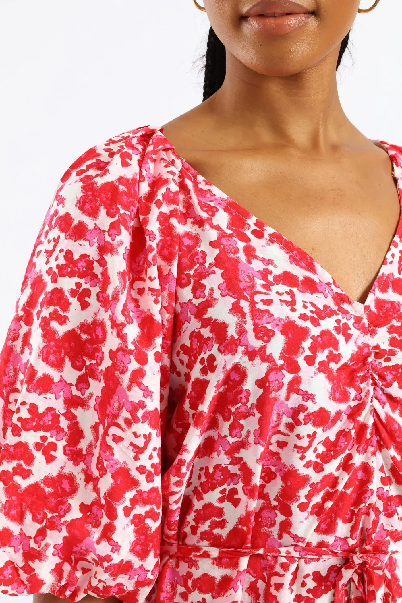 V-Neck Bubble Sleeve Belted Shift Dress - Red/Pink sold by Edgars product image thumbnail 2