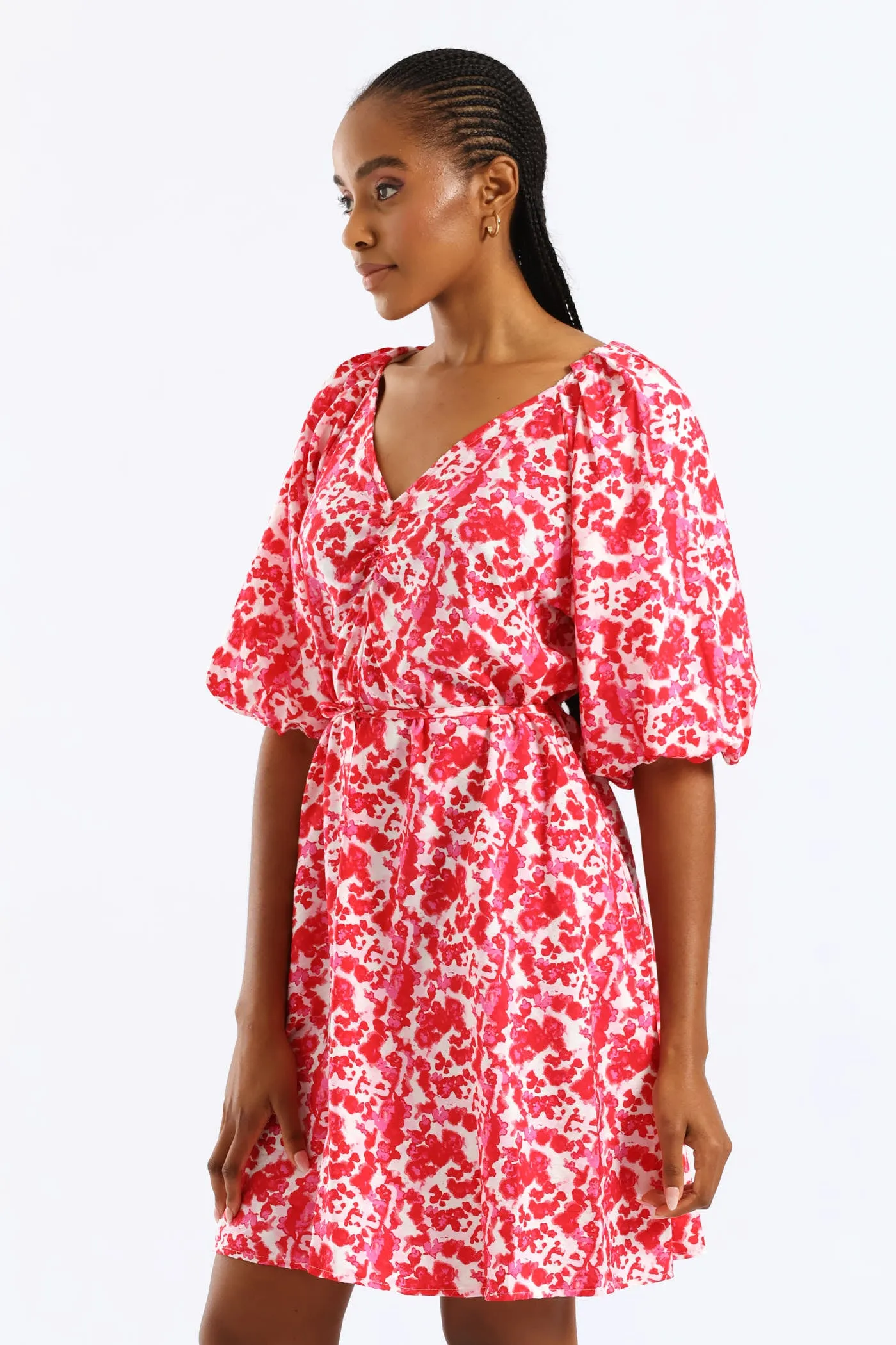 V-Neck Bubble Sleeve Belted Shift Dress - Red/Pink sold by Edgars product image thumbnail 3