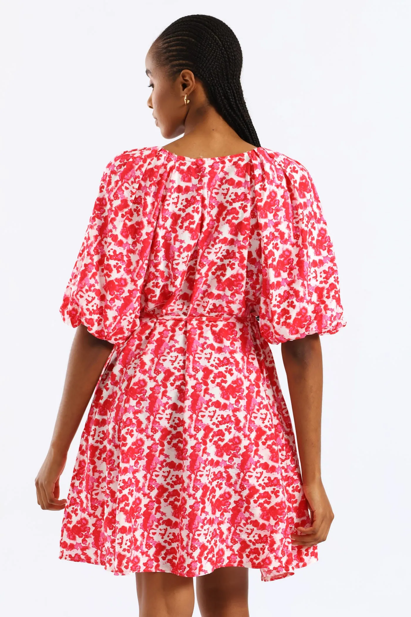 V-Neck Bubble Sleeve Belted Shift Dress - Red/Pink sold by Edgars product image thumbnail 4