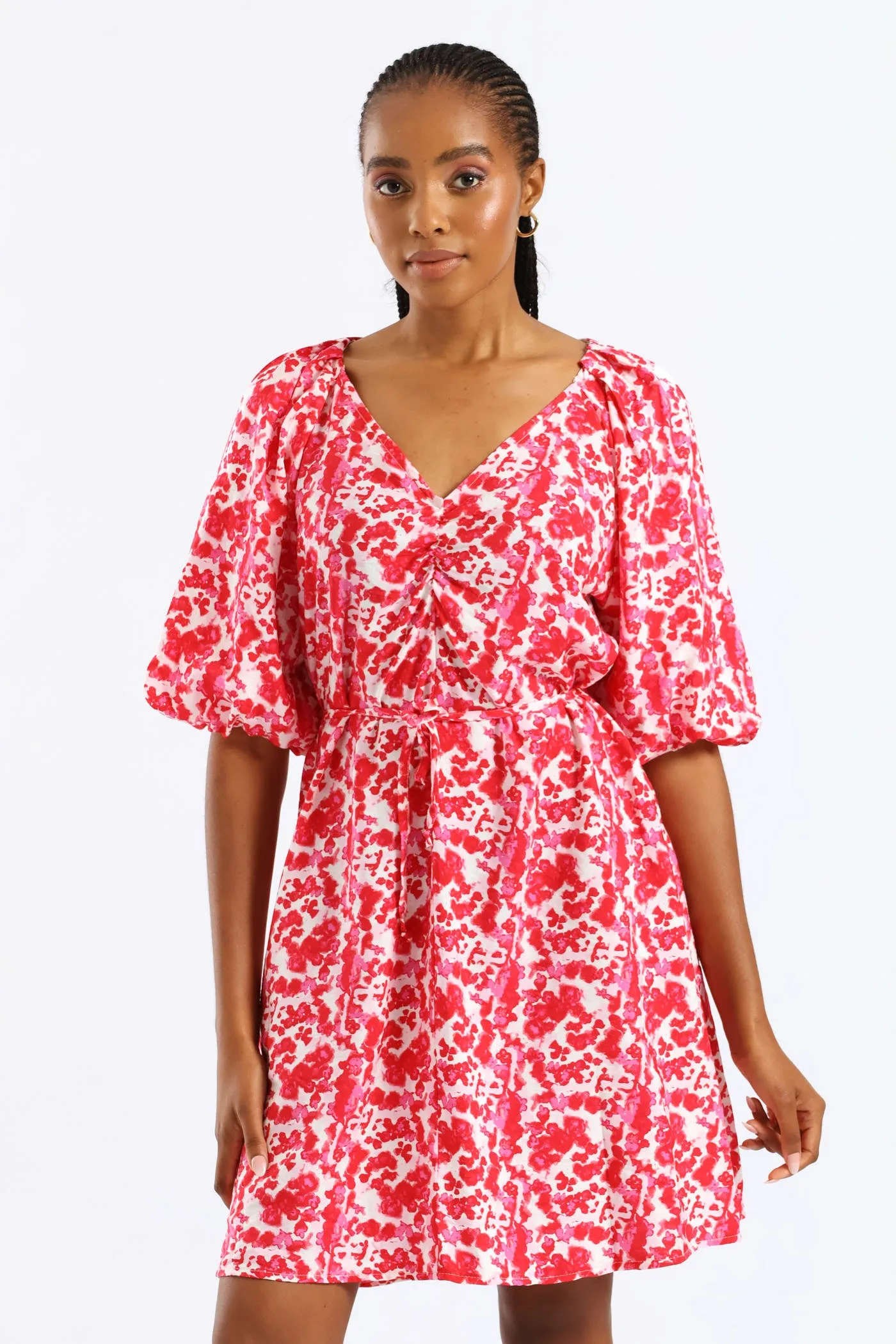 V-Neck Bubble Sleeve Belted Shift Dress - Red/Pink sold by Edgars