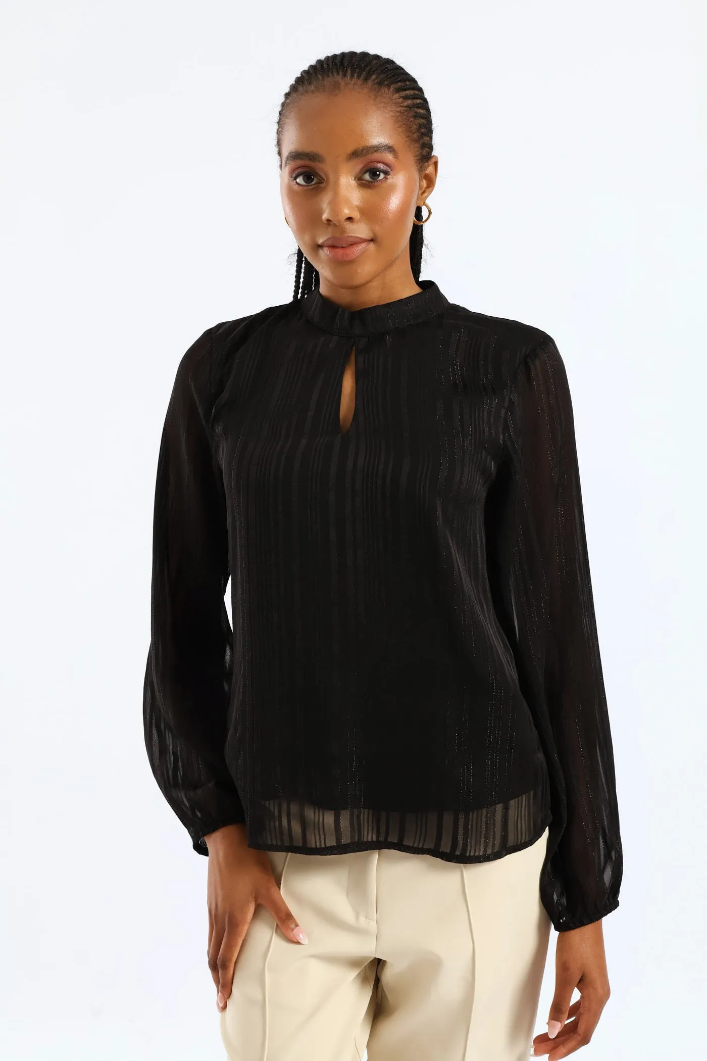 Hi Neck Keyhole Blouse - Black sold by Edgars