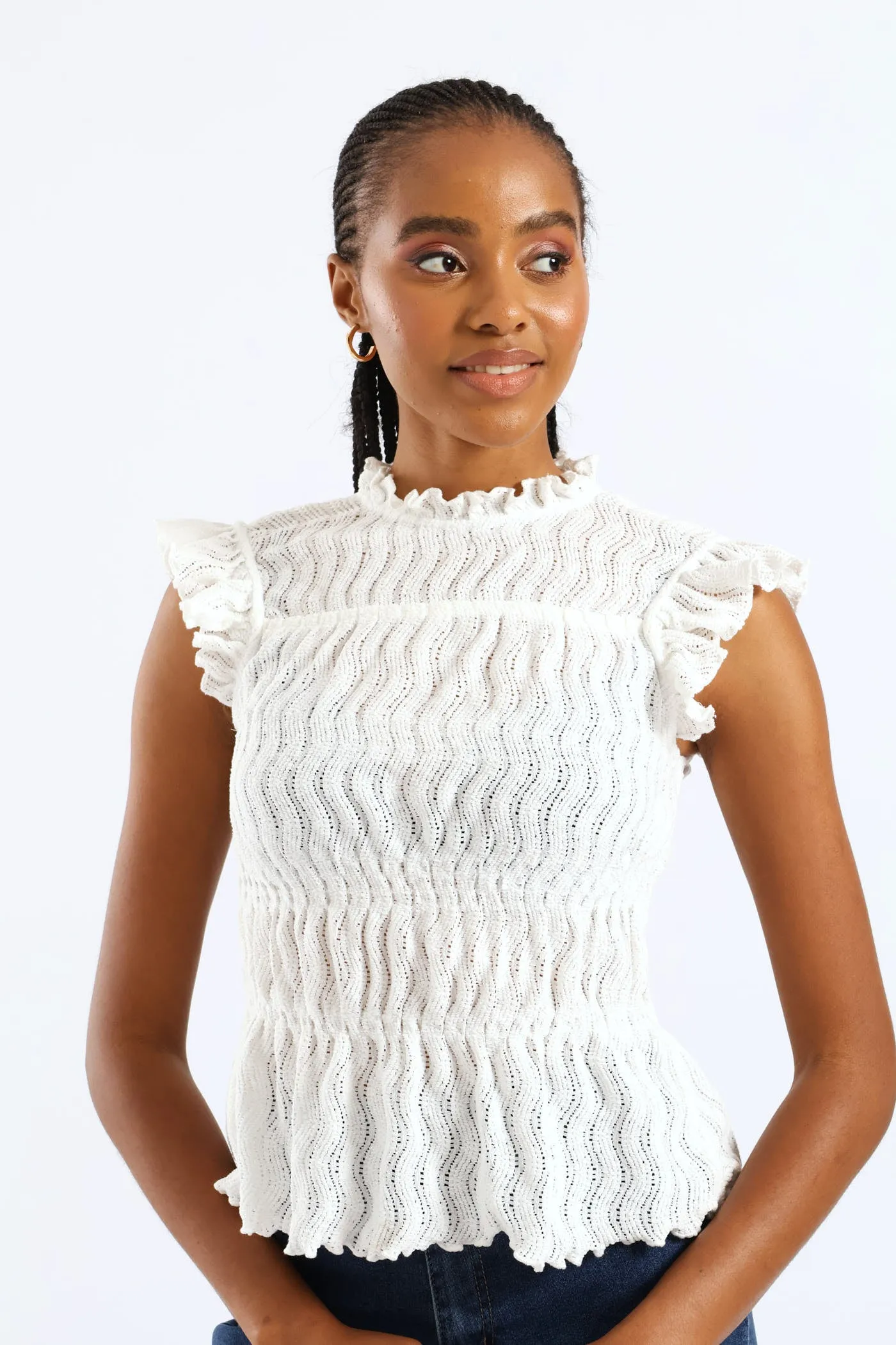 Frill Hi Neck Tank Top - White sold by Edgars
