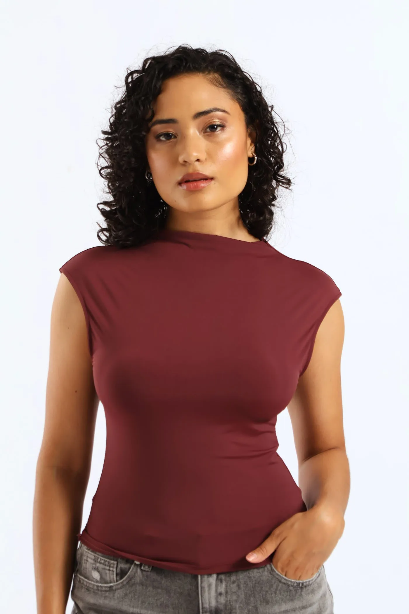 Cowl Boat Neck Open Back Top - Burgundy sold by Edgars